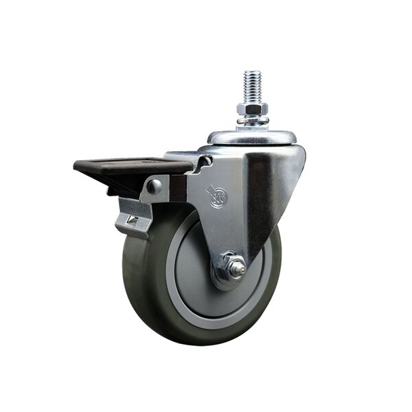 4 Inch Gray Polyurethane 12 Inch Threaded Stem Caster with Brake